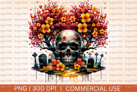 Watercolor Skull Cherry Blossom Tree PNG: A Versatile Graphic for Crafters